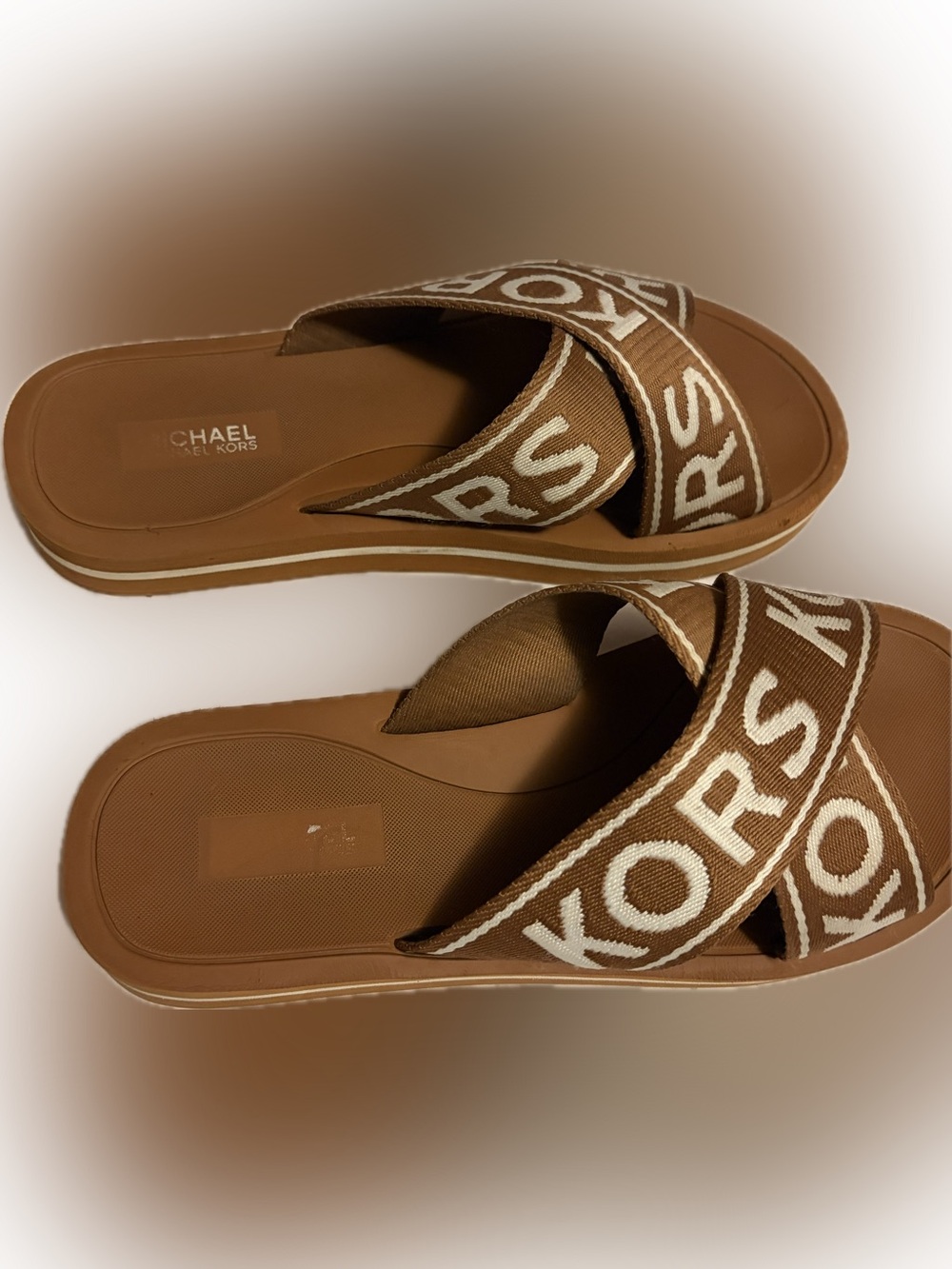Michael Kors Brown and White Logo Crossband Slide Sandals
